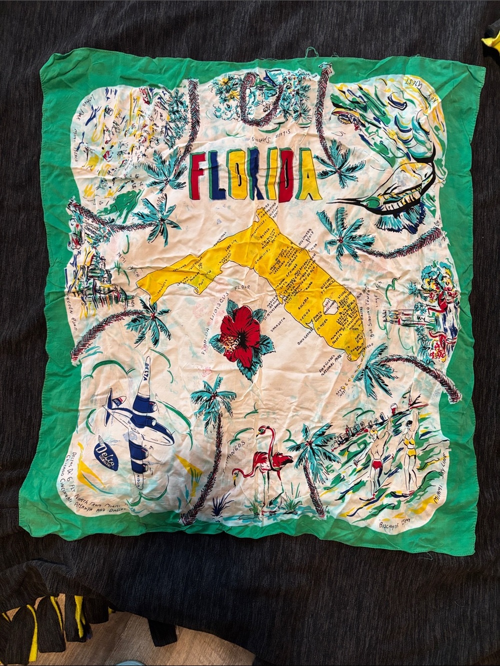 Vintage Delta Air Lines Florida Print Green Border Silk Scarf